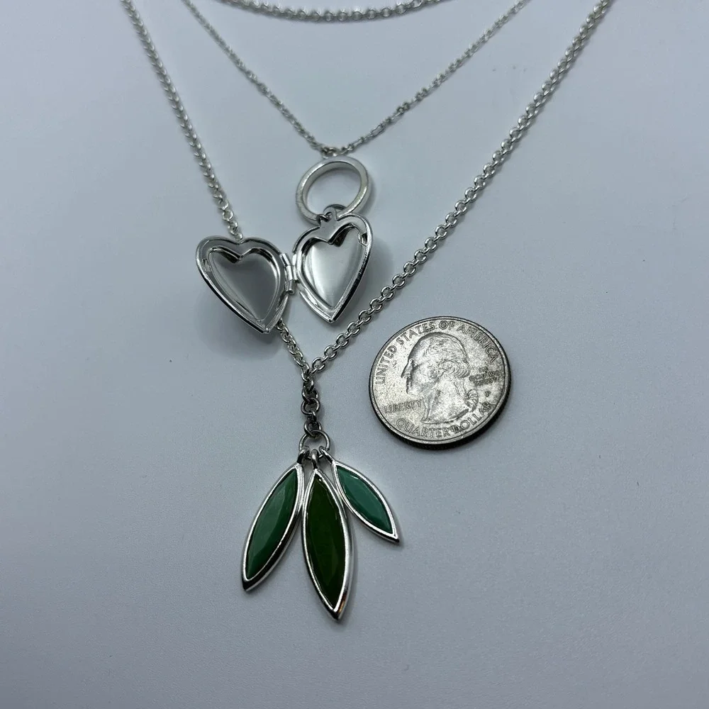 Apt. 9 Silver Tone Triple Strand Layered Heart Locket‎ Green Leaf Necklace 19